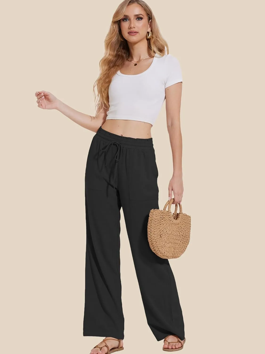 Moss Rose Women's Linen Pants Drawstring High Waisted Flowy Wide Leg Palazzo Trousers with Pockets