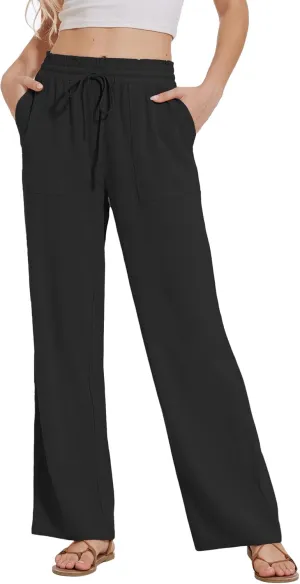 Moss Rose Women's Linen Pants Drawstring High Waisted Flowy Wide Leg Palazzo Trousers with Pockets