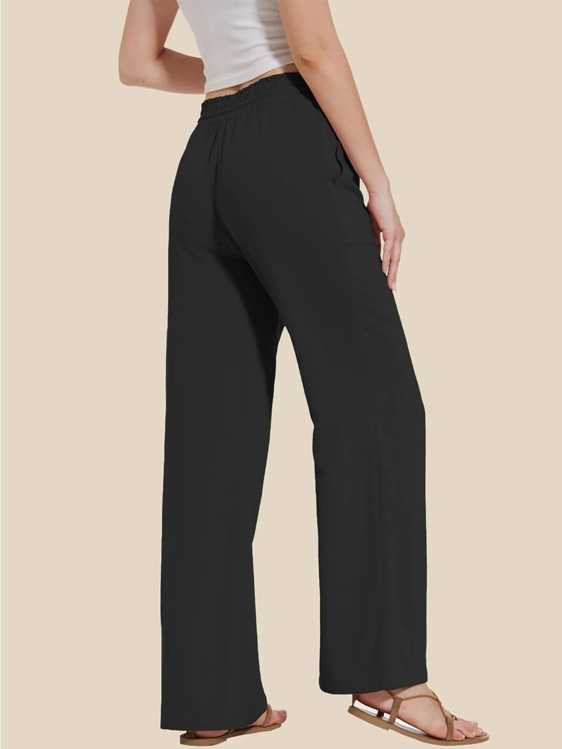 Moss Rose Women's Linen Pants Drawstring High Waisted Flowy Wide Leg Palazzo Trousers with Pockets