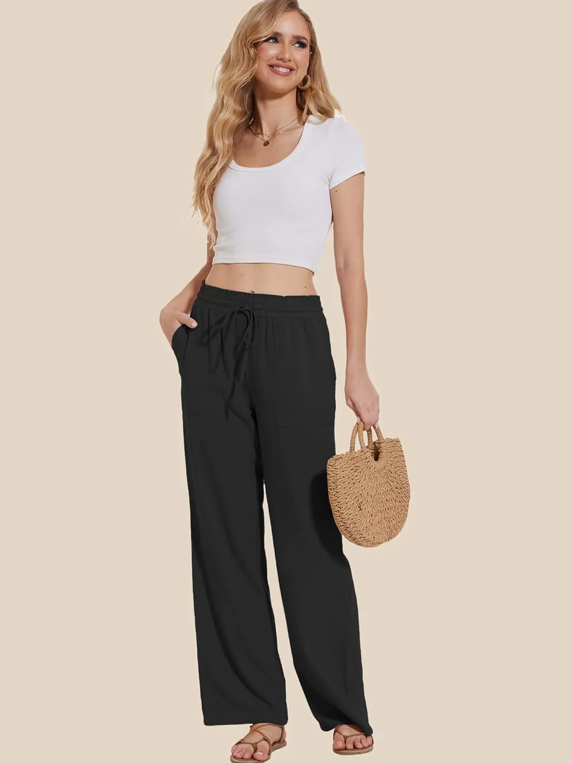 Moss Rose Women's Linen Pants Drawstring High Waisted Flowy Wide Leg Palazzo Trousers with Pockets