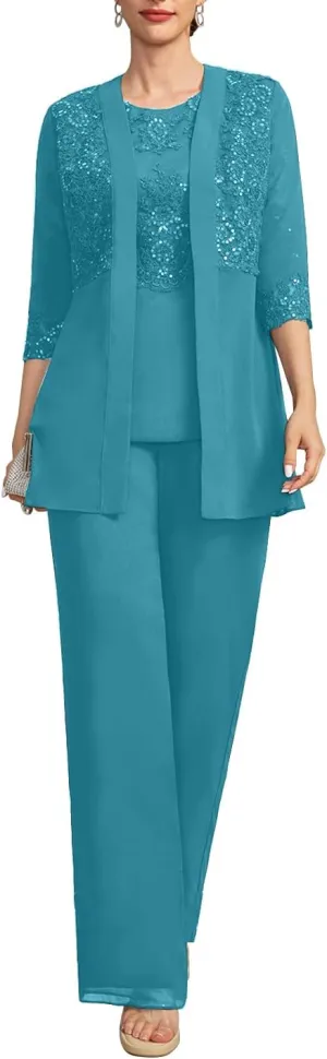 Mother of The Bride Pant Suits for Women Dressy Lace Appliques Formal Wedding Dress with Jacket MIS088