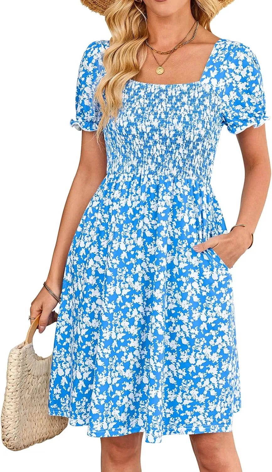 Naggoo Women's Summer Dresses Puff Short Sleeve Square Neck Casual Boho Floral Smocked A Line Flowy Beach Dresses