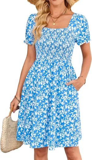 Naggoo Women's Summer Dresses Puff Short Sleeve Square Neck Casual Boho Floral Smocked A Line Flowy Beach Dresses