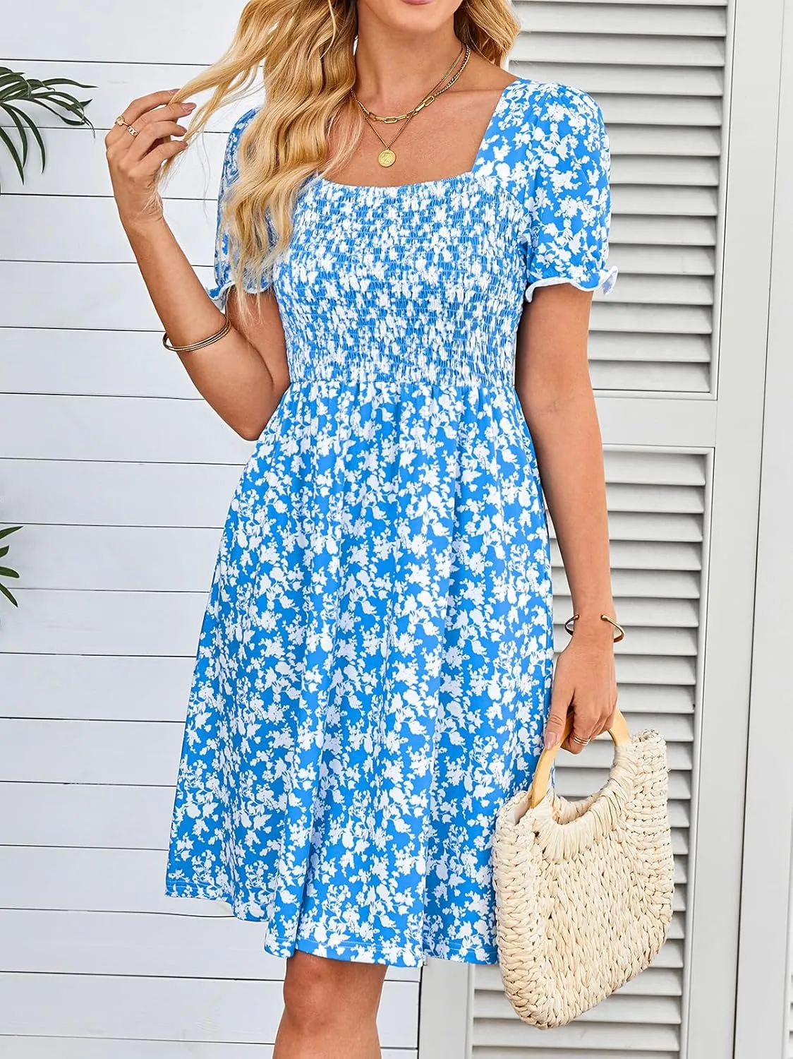 Naggoo Women's Summer Dresses Puff Short Sleeve Square Neck Casual Boho Floral Smocked A Line Flowy Beach Dresses