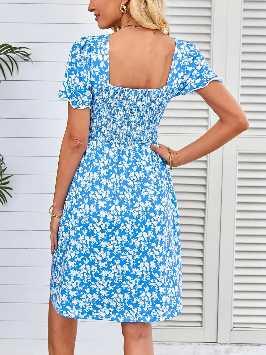 Naggoo Women's Summer Dresses Puff Short Sleeve Square Neck Casual Boho Floral Smocked A Line Flowy Beach Dresses