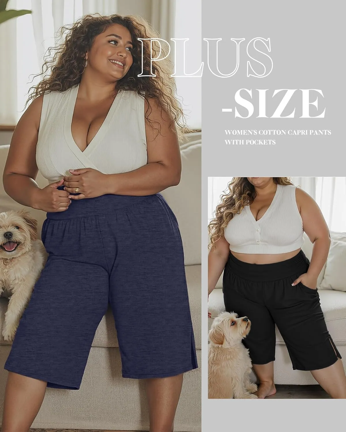 Neer 3 Pack Women's Plus Size Cotton Capri Pants High Waisted Wide Leg Loose Lounge Yoga Cropped Sweatpants with Pockets