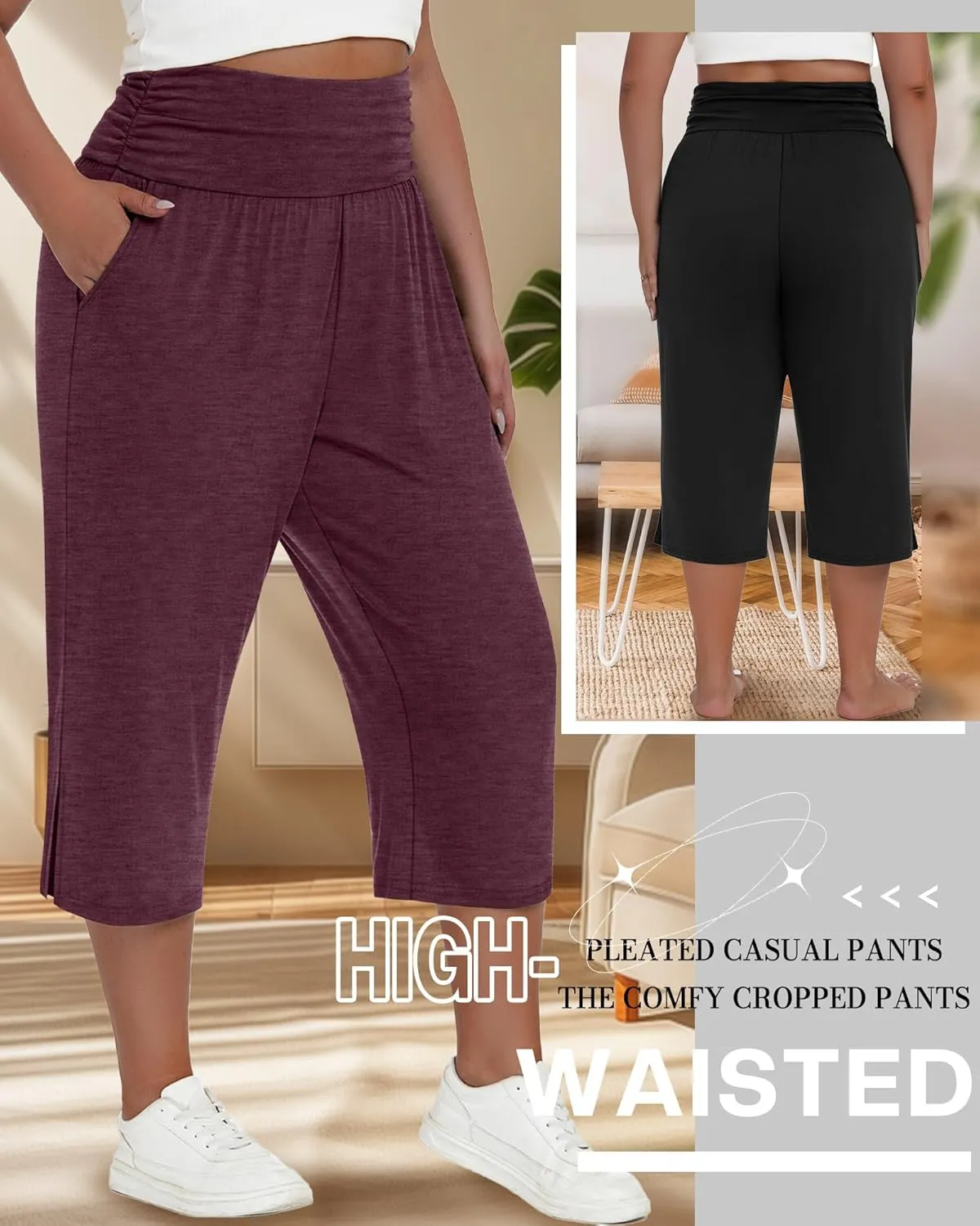 Neer 3 Pack Women's Plus Size Cotton Capri Pants High Waisted Wide Leg Loose Lounge Yoga Cropped Sweatpants with Pockets