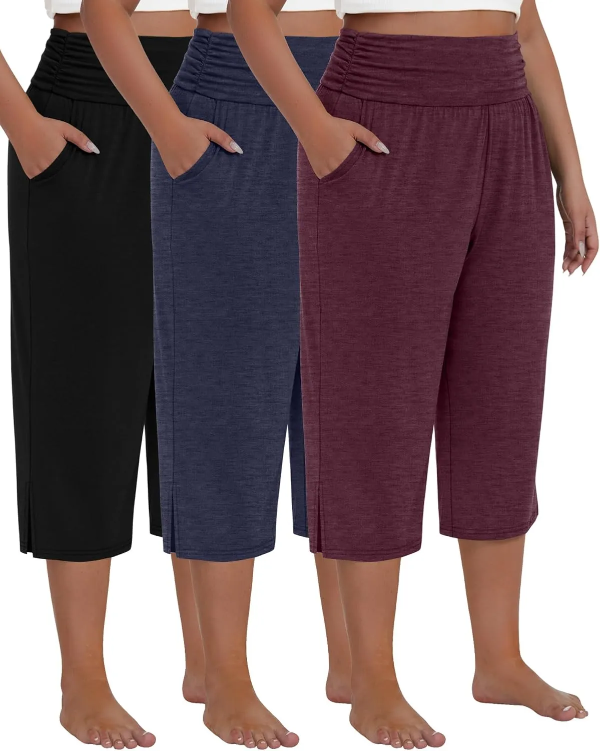 Neer 3 Pack Women's Plus Size Cotton Capri Pants High Waisted Wide Leg Loose Lounge Yoga Cropped Sweatpants with Pockets