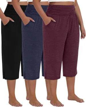 Neer 3 Pack Women's Plus Size Cotton Capri Pants High Waisted Wide Leg Loose Lounge Yoga Cropped Sweatpants with Pockets