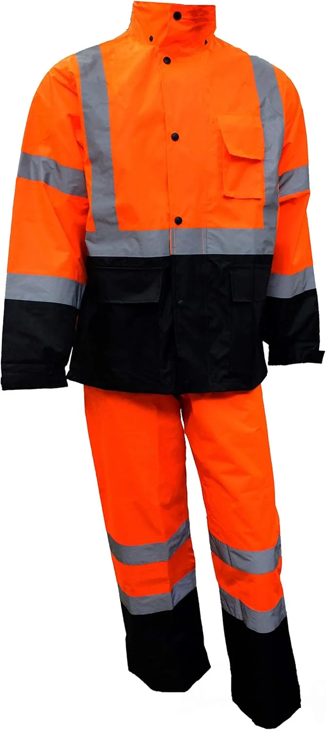 New York Hi-Viz Workwear RK Safety RW-CLA3 Class 3 Rain suit, Jacket, Pants High Visibility Reflective Black Bottom