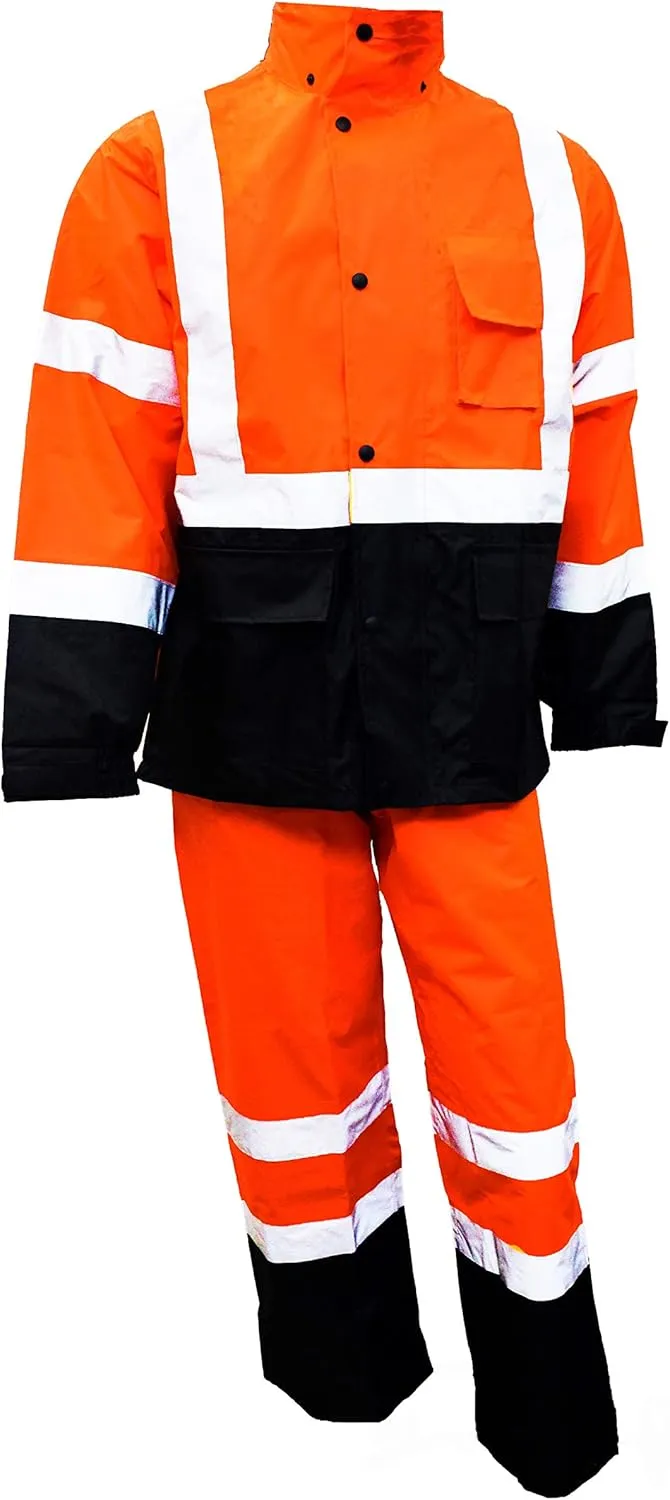 New York Hi-Viz Workwear RK Safety RW-CLA3 Class 3 Rain suit, Jacket, Pants High Visibility Reflective Black Bottom