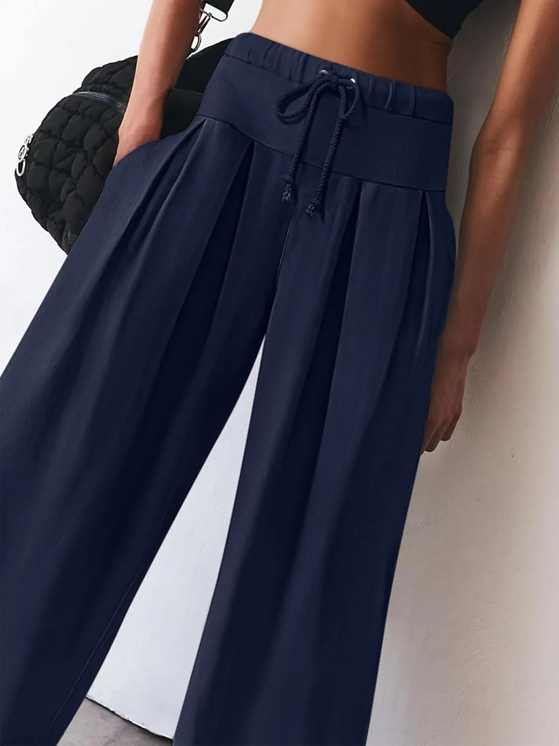 NIMIN Womens Wide Leg Sweatpants Pleated Drawstring High Waisted Baggy Palazzo Pull On Slouchy Pants with Pockets