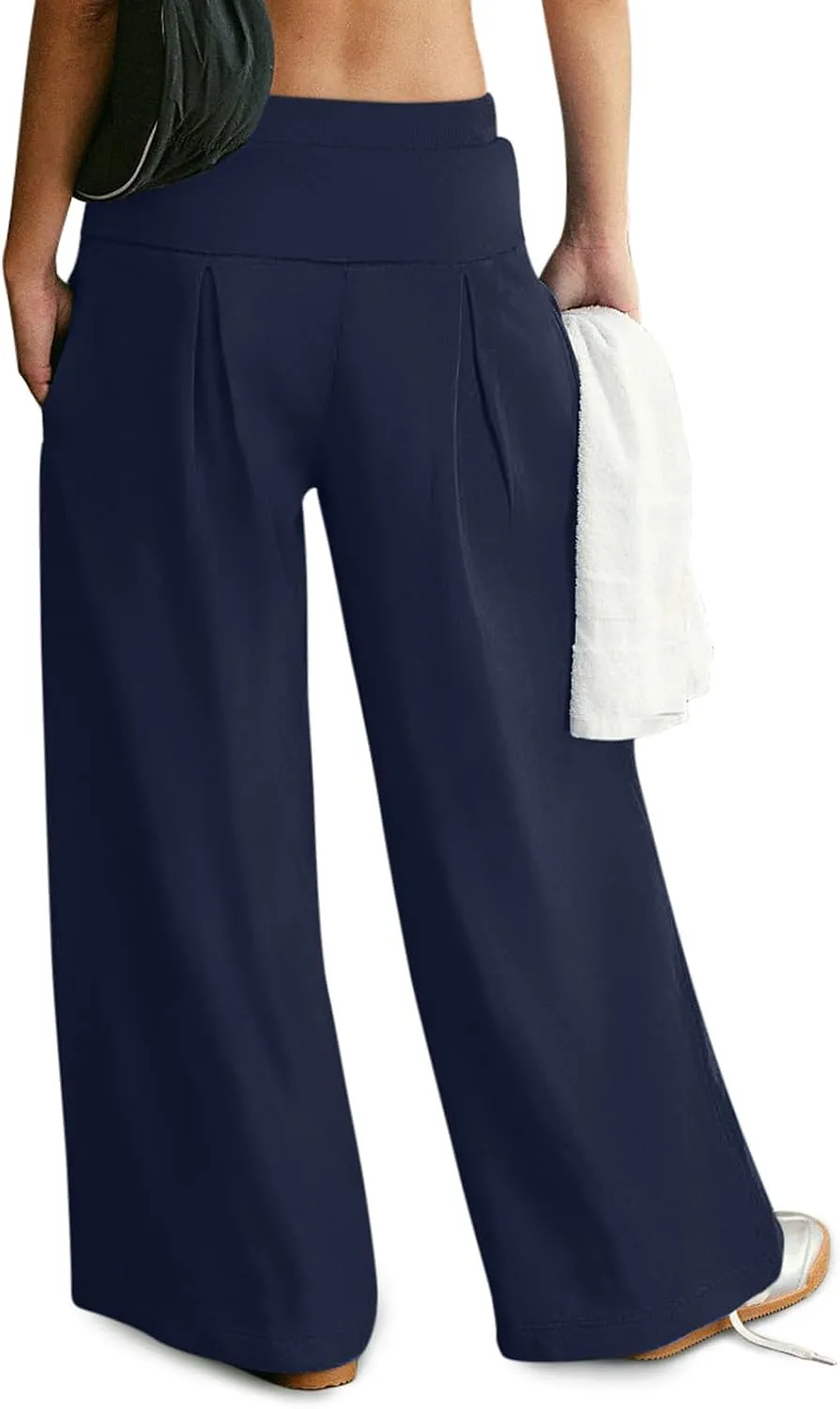 NIMIN Womens Wide Leg Sweatpants Pleated Drawstring High Waisted Baggy Palazzo Pull On Slouchy Pants with Pockets