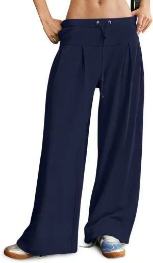 NIMIN Womens Wide Leg Sweatpants Pleated Drawstring High Waisted Baggy Palazzo Pull On Slouchy Pants with Pockets