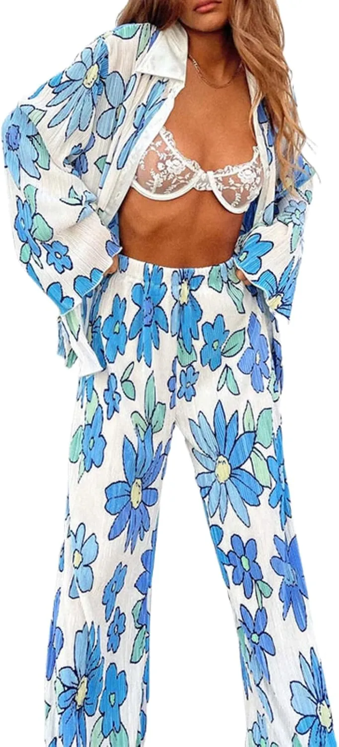 NUFIWI Women Y2K 2 Piece Pants Set Oversized Floral Printed Button Down Shirt High Waist Pants Outfits Summer Streetwear