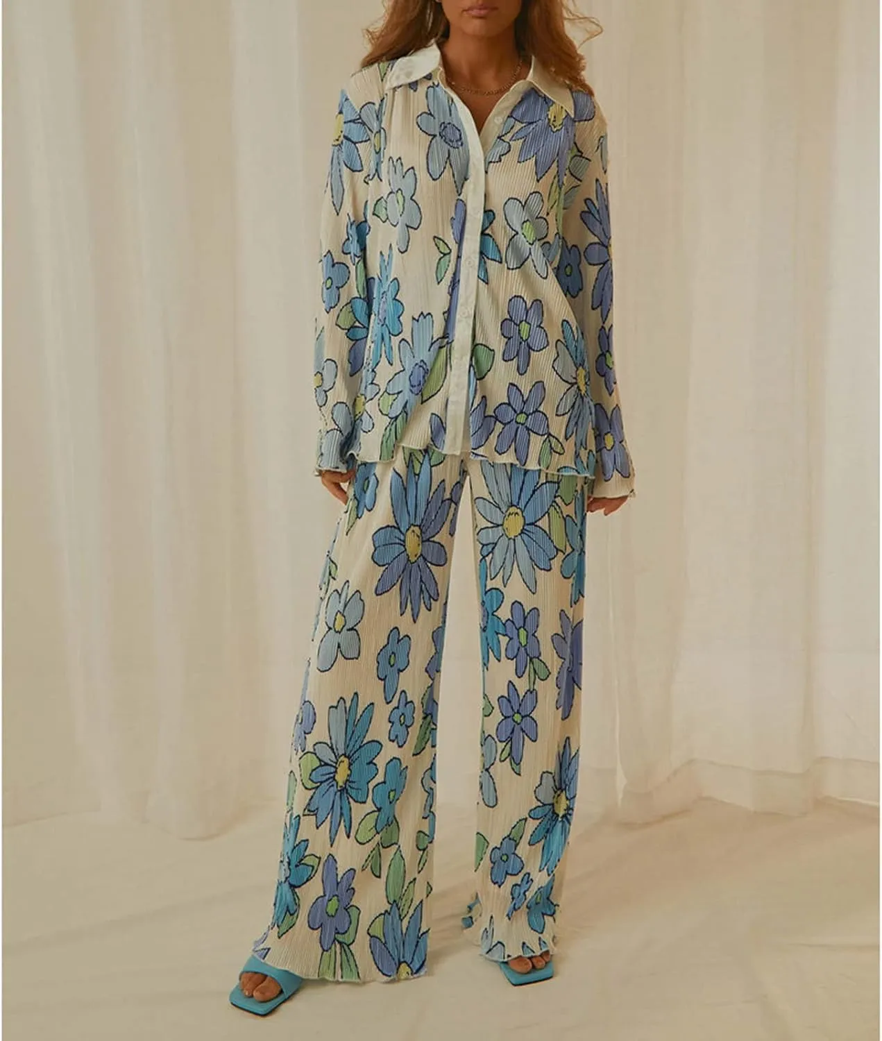 NUFIWI Women Y2K 2 Piece Pants Set Oversized Floral Printed Button Down Shirt High Waist Pants Outfits Summer Streetwear