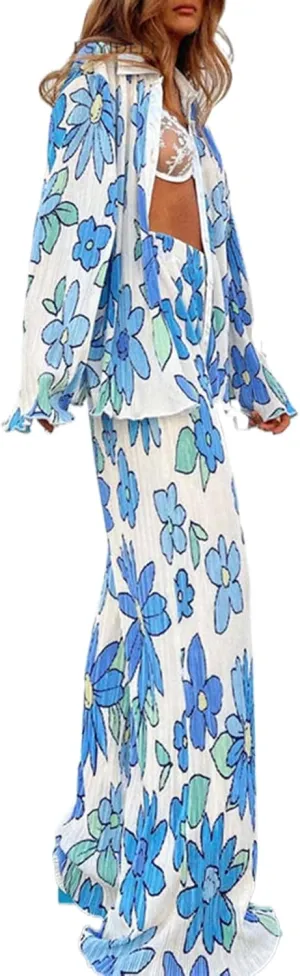 NUFIWI Women Y2K 2 Piece Pants Set Oversized Floral Printed Button Down Shirt High Waist Pants Outfits Summer Streetwear