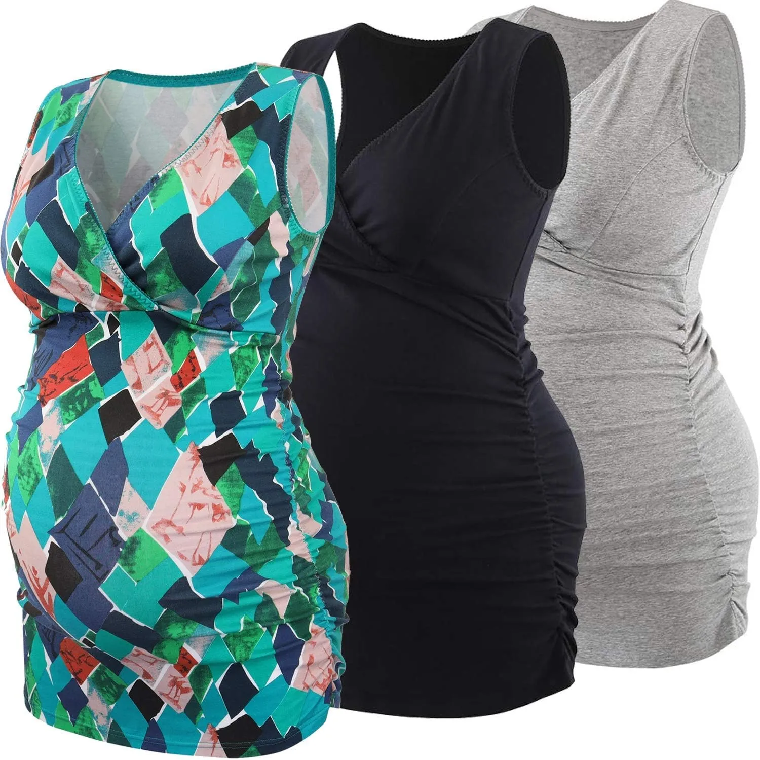 Nursing Maternity Top, Pregnant Breastfeeding Shirt, Women's Cotton V Neck Ruched Waist Double Layered Postpartum Tank