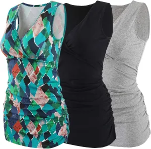 Nursing Maternity Top, Pregnant Breastfeeding Shirt, Women's Cotton V Neck Ruched Waist Double Layered Postpartum Tank