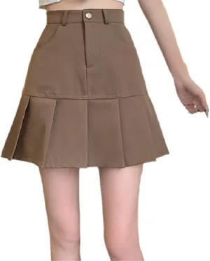 OFFSUM Womens Short Skirts - Vintage Women Pleated Skirts Korean Style High Waist Patchwork School Girl Uniform Skirt