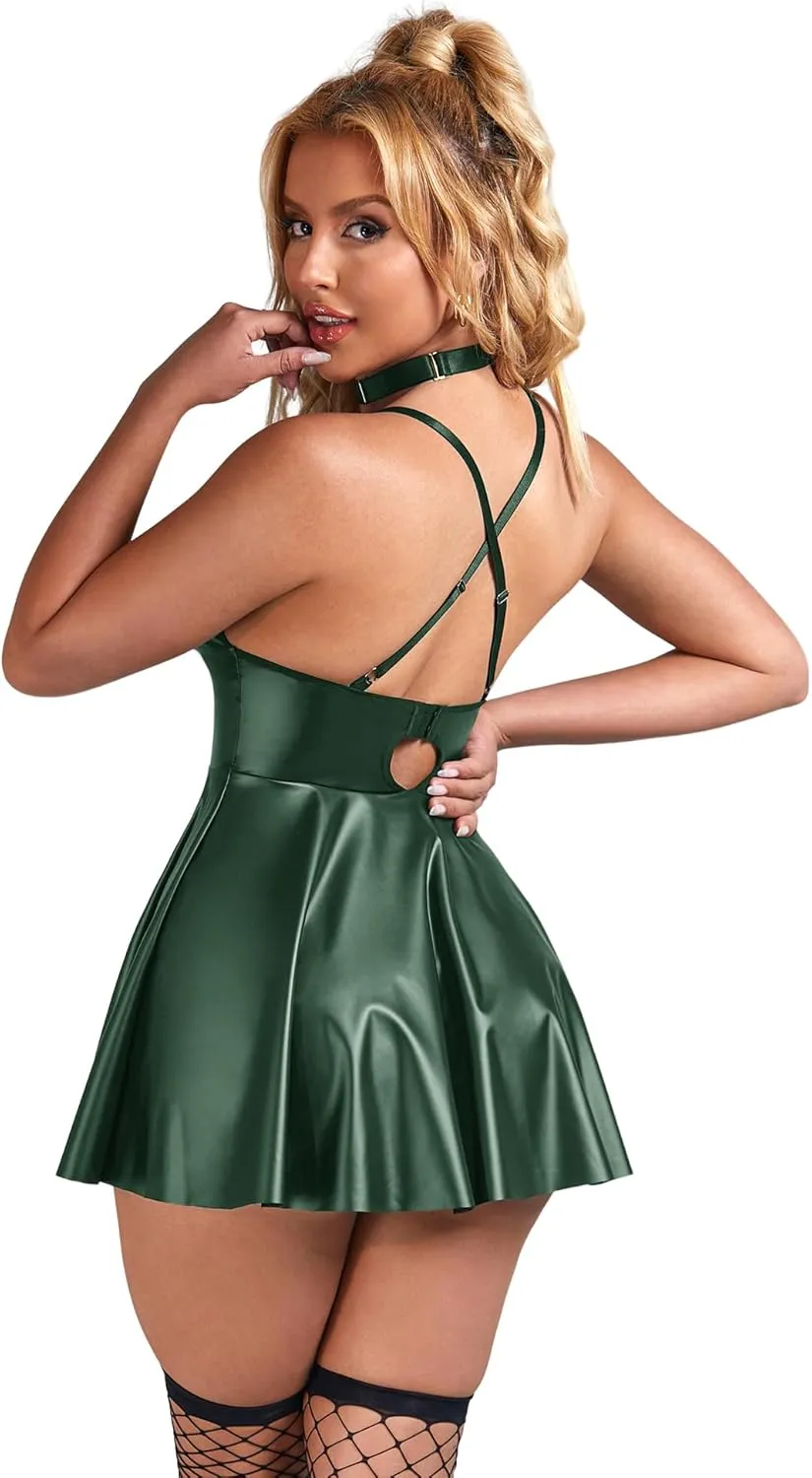 ohyeahlady Women Sexy PU Leather Dress Plus Size Spaghetti Strap Mini Dresses Sleeveless Pleated Steampunk Clubwear