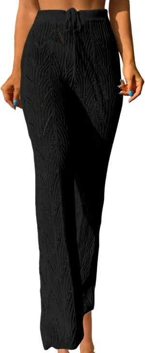 OYOANGLE Women's Crochet Hollow Out Drawstring Waist Flared Leg Swimwear Cover Up Beach Long Pants
