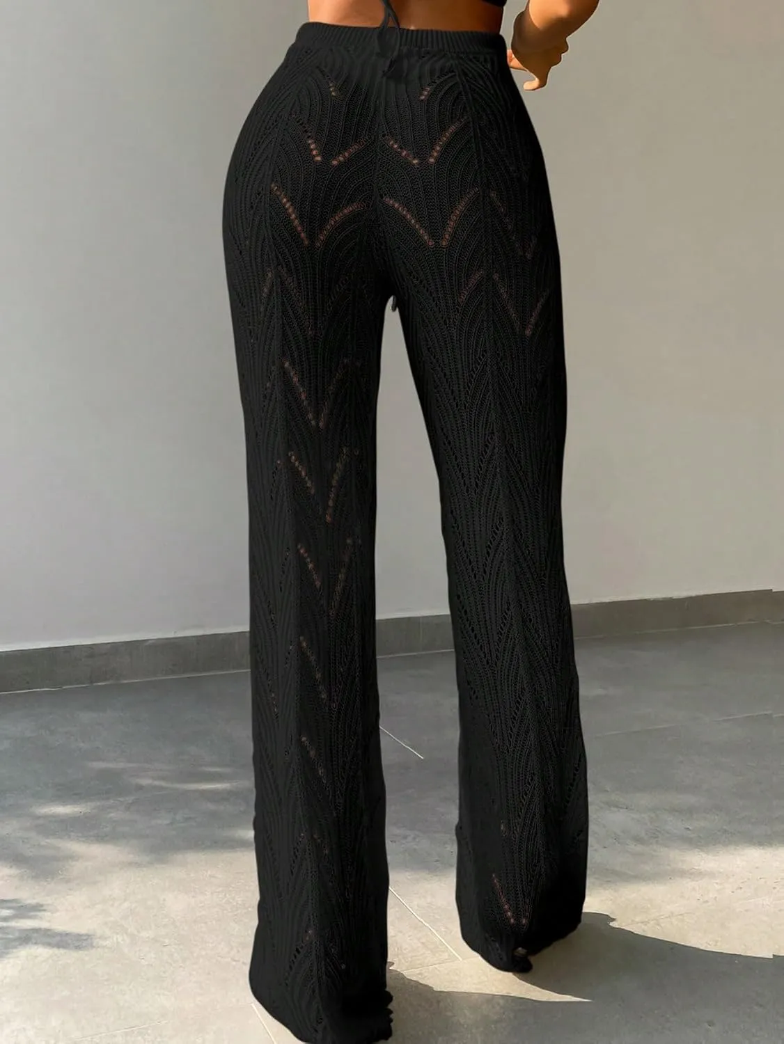 OYOANGLE Women's Crochet Hollow Out Drawstring Waist Flared Leg Swimwear Cover Up Beach Long Pants