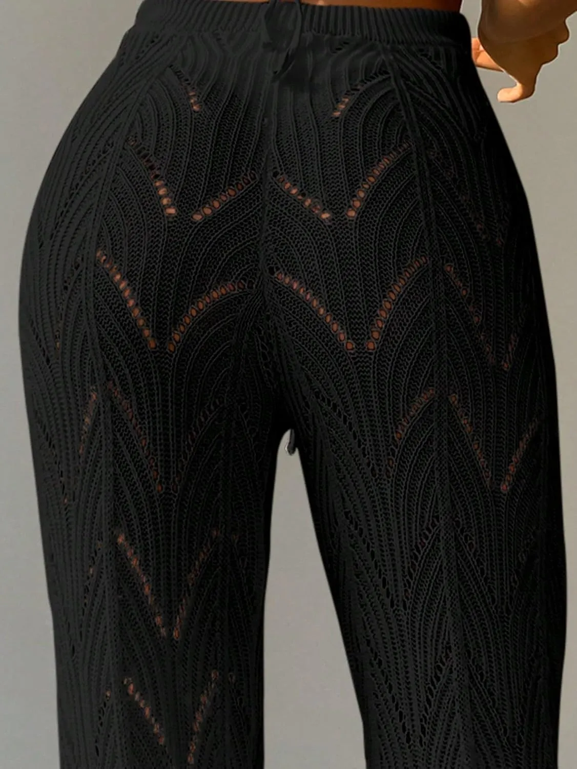 OYOANGLE Women's Crochet Hollow Out Drawstring Waist Flared Leg Swimwear Cover Up Beach Long Pants