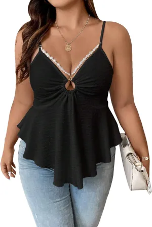 OYOANGLE Women's Plus Size Cami Casual Spaghetti Strap V Neck Asymmetrical Hem Tank Top