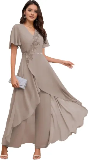 Pant Suits for Women Dressy Short Sleeve Wedding Pantsuits for Grandmothers Taupe Lace Applique Womens Pant Suits 12