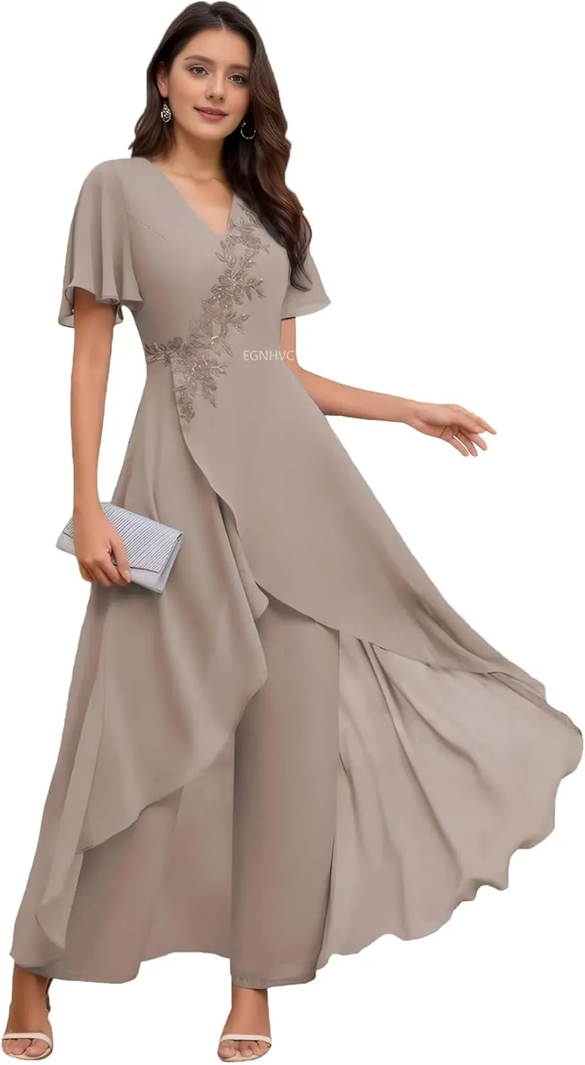 Pant Suits for Women Dressy Short Sleeve Wedding Pantsuits for Grandmothers Taupe Lace Applique Womens Pant Suits 12