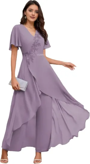 Pant Suits for Women Dressy Short Sleeve Wedding Pantsuits for Grandmothers Wisteria Lace Applique Womens Pant Suits 12
