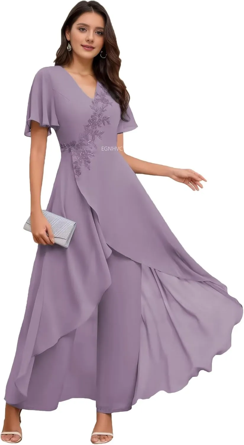 Pant Suits for Women Dressy Short Sleeve Wedding Pantsuits for Grandmothers Wisteria Lace Applique Womens Pant Suits 12