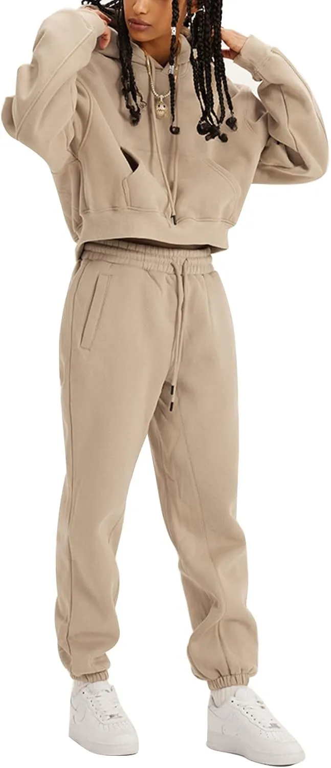 PEHMEA Women's 2 Piece Sweatsuit Outfits, Winter Comfy Lounge Sets for Women, Fleece Hoodies Crop Pullover with Joggers Pants