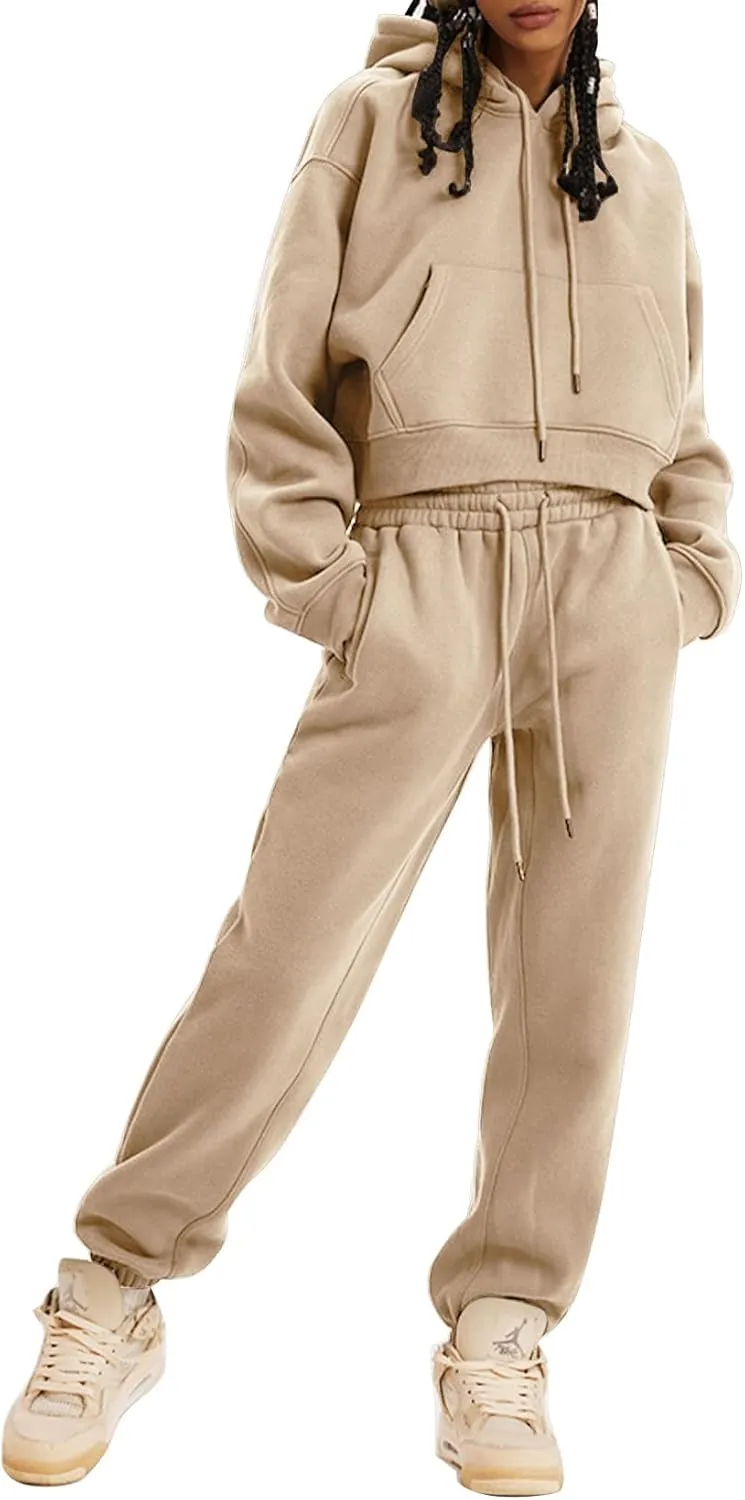 PEHMEA Women's 2 Piece Sweatsuit Outfits, Winter Comfy Lounge Sets for Women, Fleece Hoodies Crop Pullover with Joggers Pants