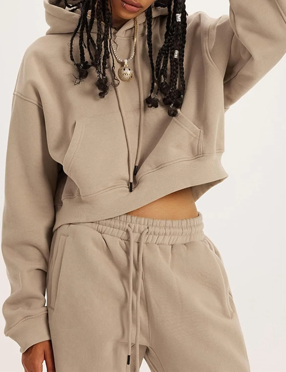 PEHMEA Women's 2 Piece Sweatsuit Outfits, Winter Comfy Lounge Sets for Women, Fleece Hoodies Crop Pullover with Joggers Pants