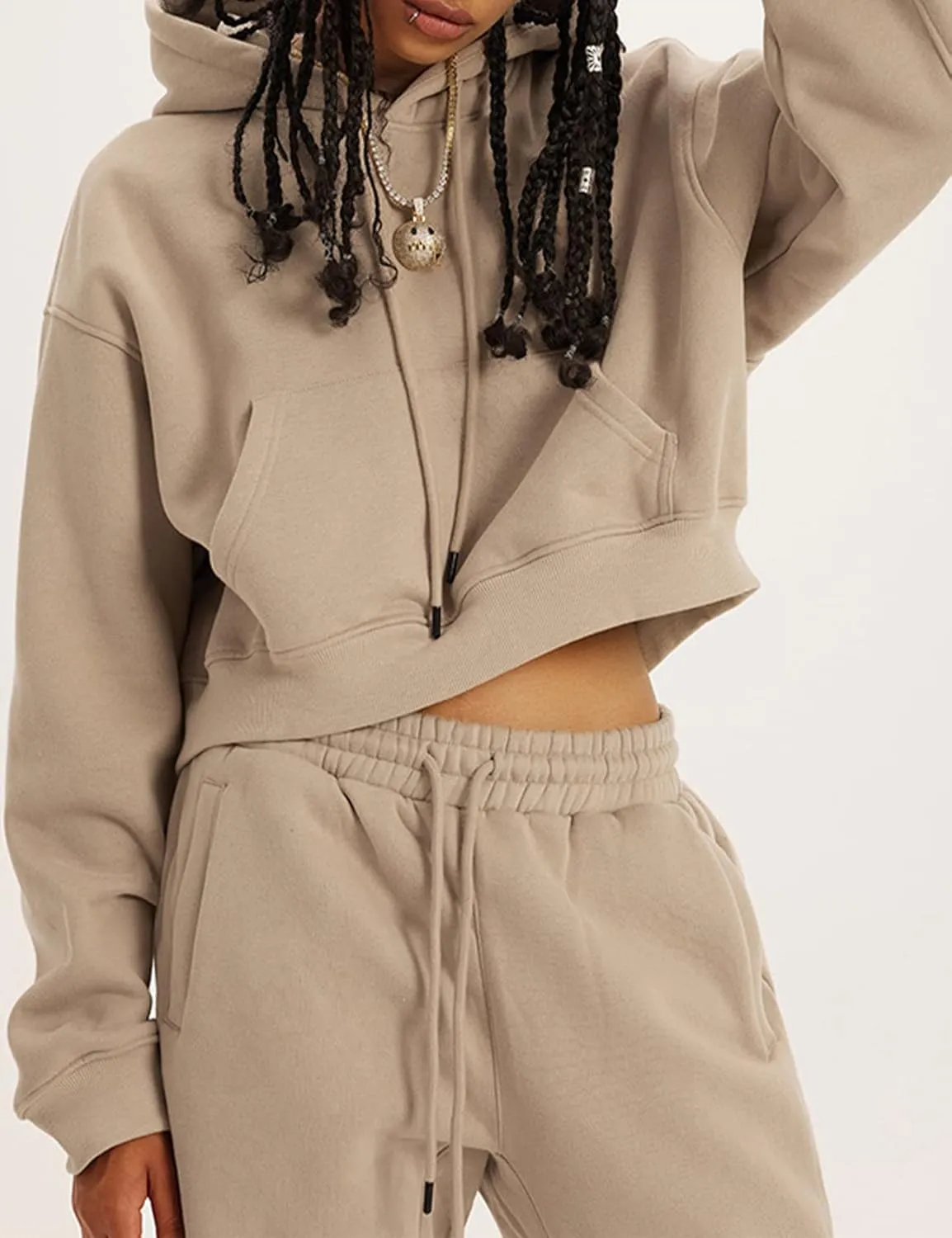 PEHMEA Women's 2 Piece Sweatsuit Outfits, Winter Comfy Lounge Sets for Women, Fleece Hoodies Crop Pullover with Joggers Pants