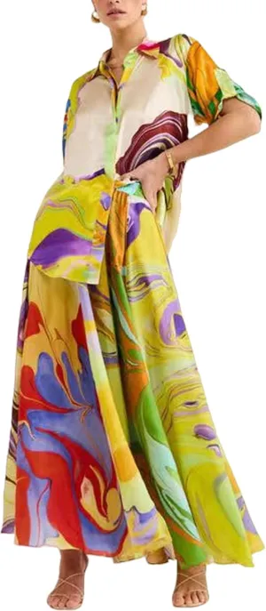 Perbai Womens 2 Piece Boho Dress Set Button Down Shirt Top A Line Long Maxi Skirt Matching Sets