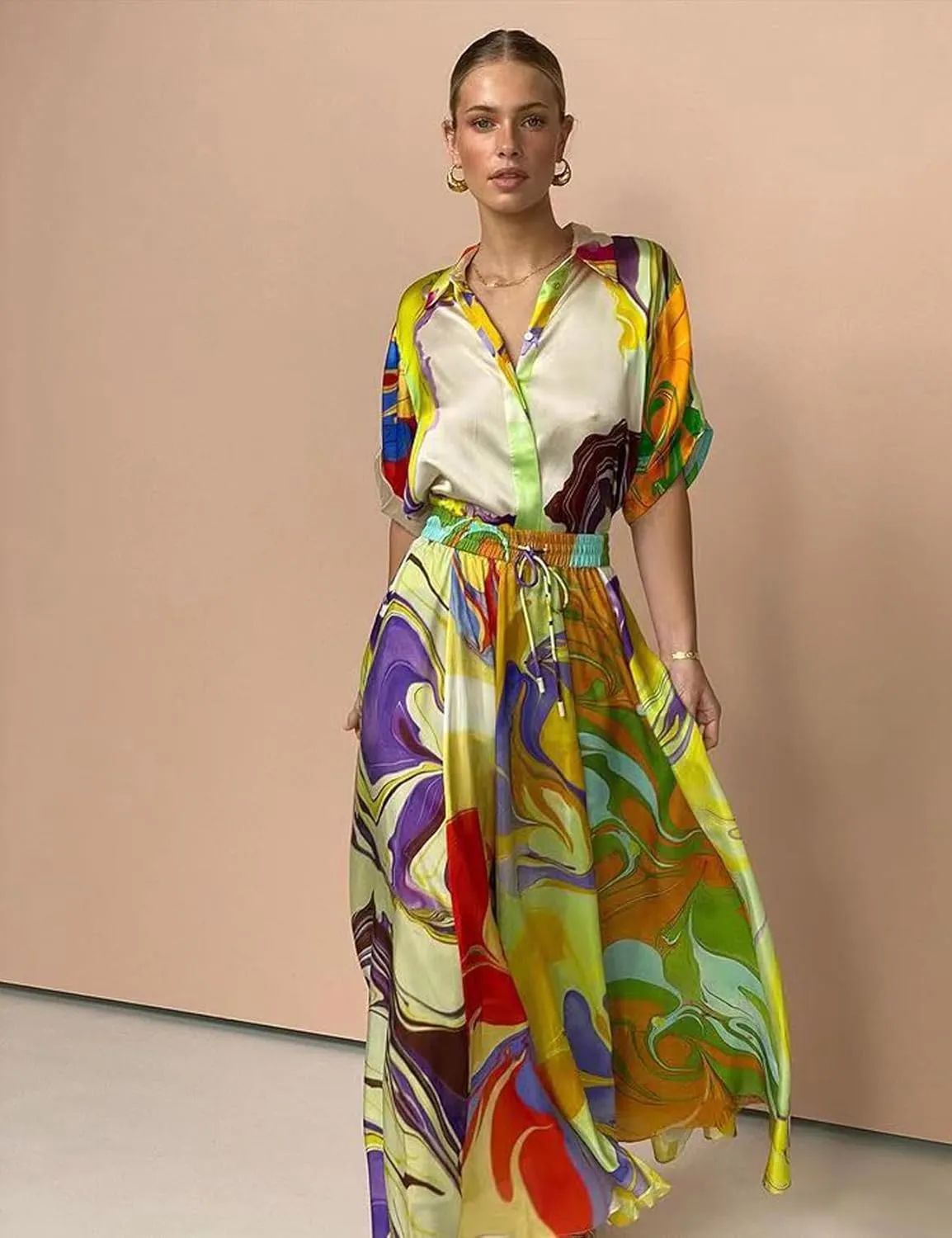 Perbai Womens 2 Piece Boho Dress Set Button Down Shirt Top A Line Long Maxi Skirt Matching Sets