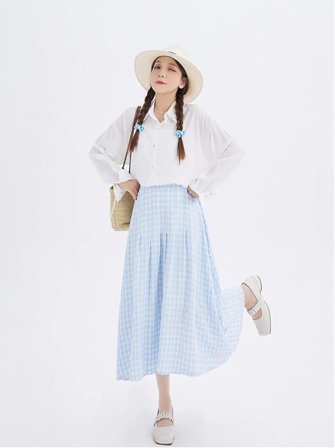 Perbai Womens Summer Plaid Skirt High Waisted Flowy A Line Pleated Tartan Long Midi Skirts