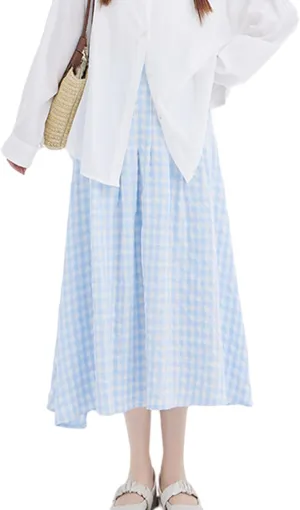 Perbai Womens Summer Plaid Skirt High Waisted Flowy A Line Pleated Tartan Long Midi Skirts