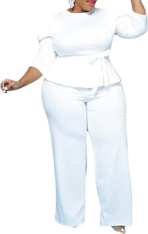 Plus Size 2 Piece Wide Leg Pants Set for Women Casual Long Sleeve Shirt Long Pant Sets Sexy With Belt