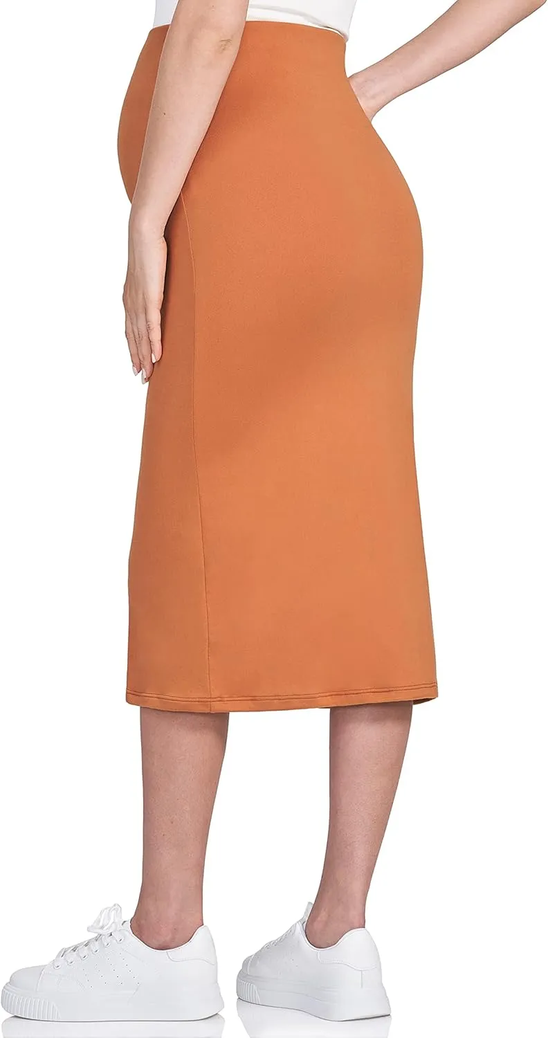 POSHDIVAH Women's Maternity Skirt Over The Belly Midi High Waisted Solid Stretchy Pregnancy Pencil Skirt
