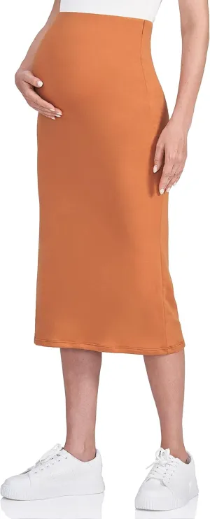 POSHDIVAH Women's Maternity Skirt Over The Belly Midi High Waisted Solid Stretchy Pregnancy Pencil Skirt