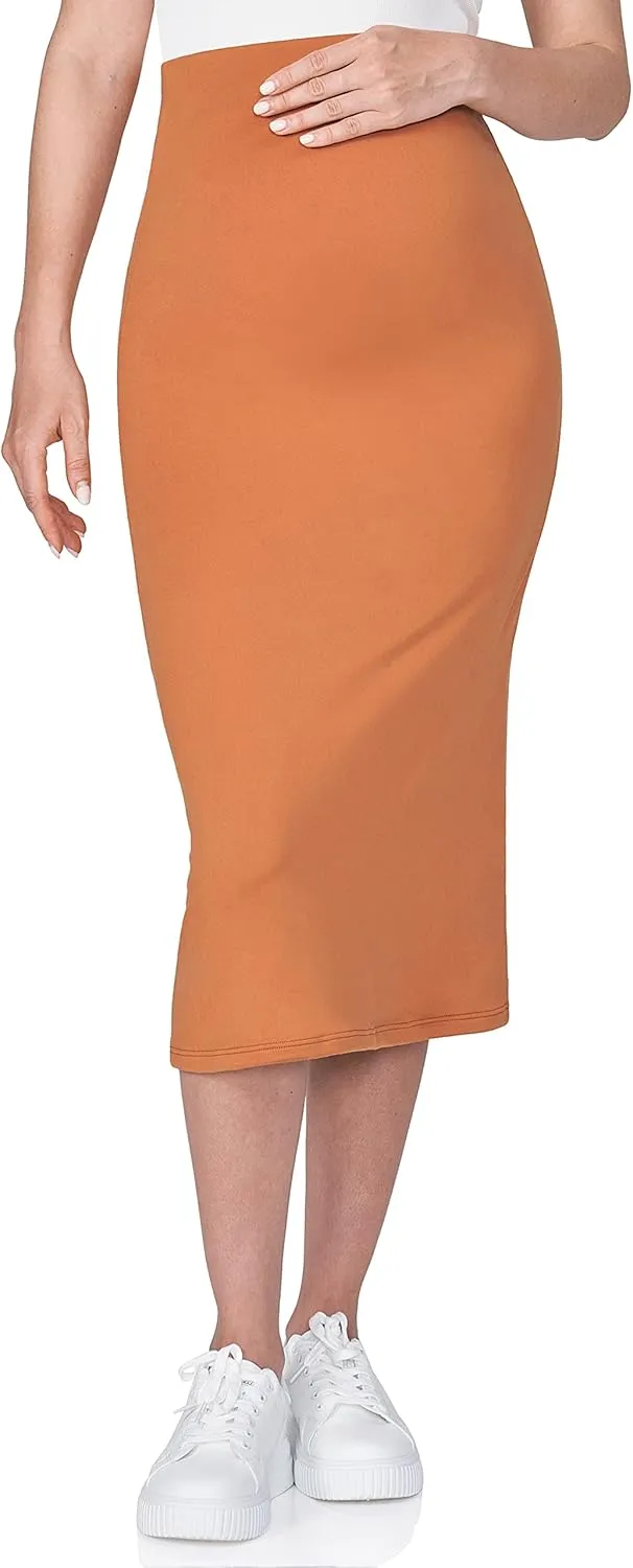 POSHDIVAH Women's Maternity Skirt Over The Belly Midi High Waisted Solid Stretchy Pregnancy Pencil Skirt