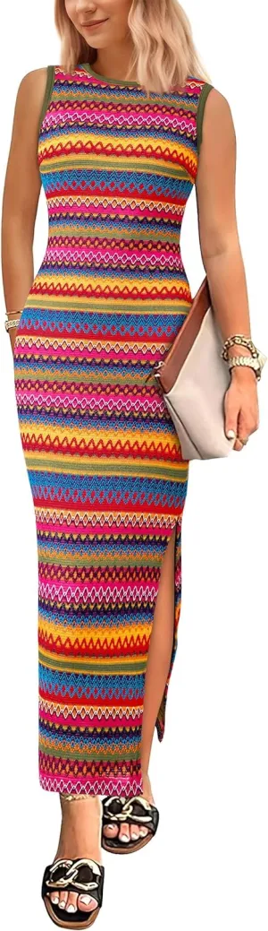 PRETTYGARDEN Womens Maxi Tank Spring Dress Sleeveless Crew Neck Striped Side Slit Casual Long Bodycon Dresses