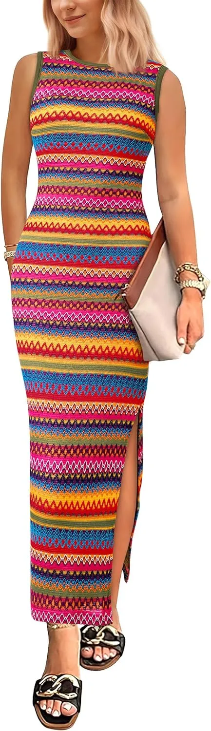 PRETTYGARDEN Womens Maxi Tank Spring Dress Sleeveless Crew Neck Striped Side Slit Casual Long Bodycon Dresses