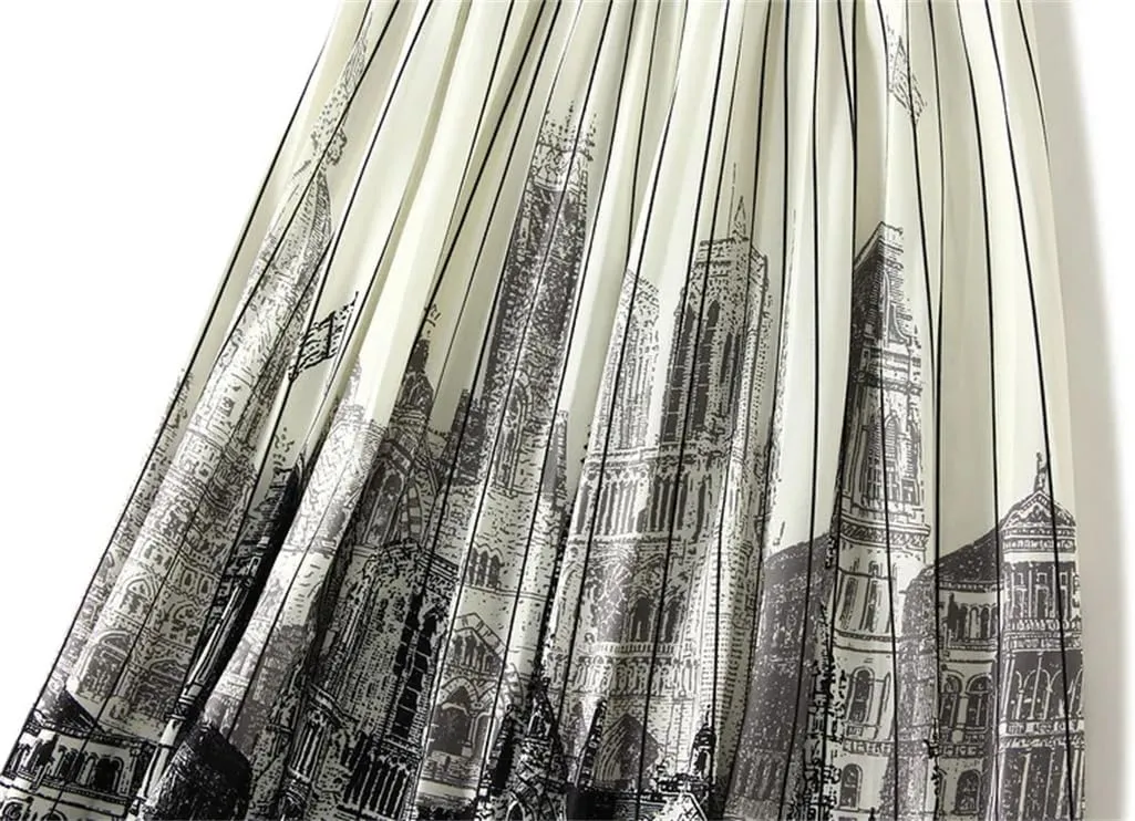 Printed Midi Skirt for Women Elastic Waistband Large Swing Mid Length A-Line Pleated Skirt