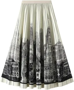 Printed Midi Skirt for Women Elastic Waistband Large Swing Mid Length A-Line Pleated Skirt
