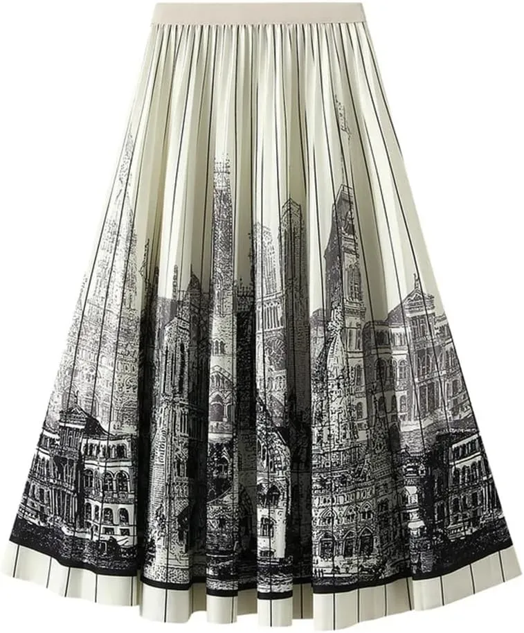 Printed Midi Skirt for Women Elastic Waistband Large Swing Mid Length A-Line Pleated Skirt